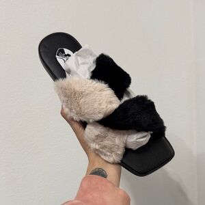 VHNY Black and Cream Furry Slide Sandals